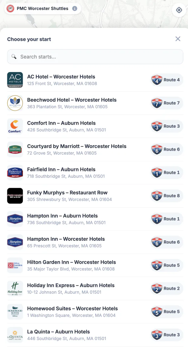 The “Choose your start” screen: a searchable list of every pick-up point — AC Hotel, Beechwood, Comfort Inn, Courtyard, Fairfield Inn and more — each with its address and the route badge that serves it.