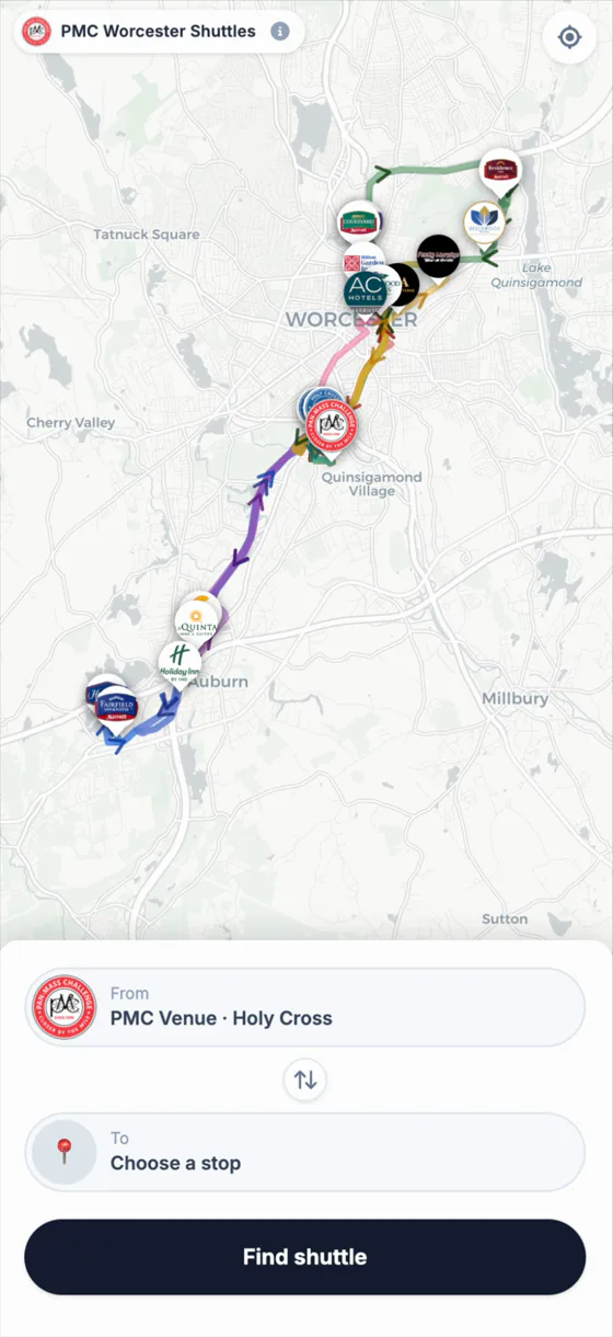 Relay passenger view: a live map showing shuttles on Route 3, with a card reading Next shuttle arrives in 5 min and onward arrivals in 12, 21 and 26 minutes.