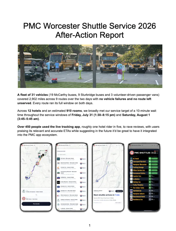 Cover page of the PMC Worcester Shuttle Service 2026 After-Action Report, with a photograph of the bus fleet staged at the venue and the headline fleet and ridership figures.