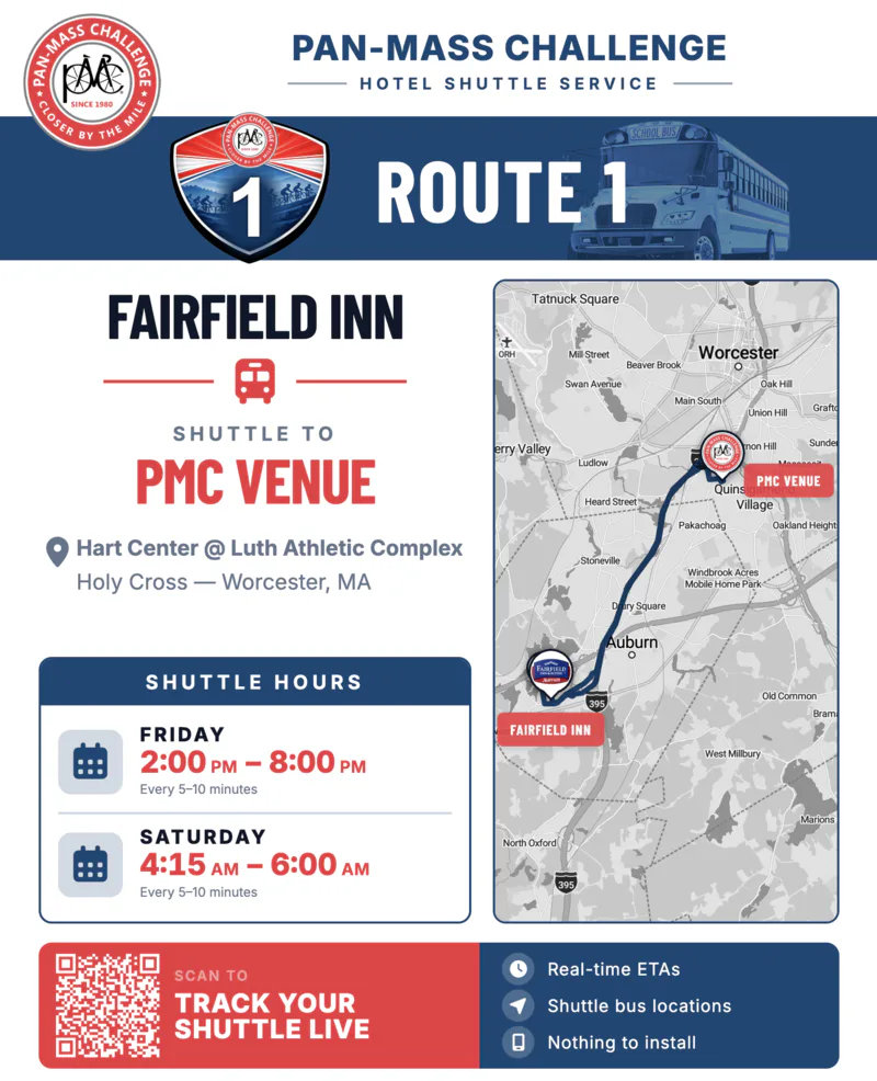 Printed lobby sign for Route 1: Fairfield Inn shuttle to PMC Venue, with a route map, Friday and Saturday service hours, and a QR code reading “scan to track your shuttle live”.