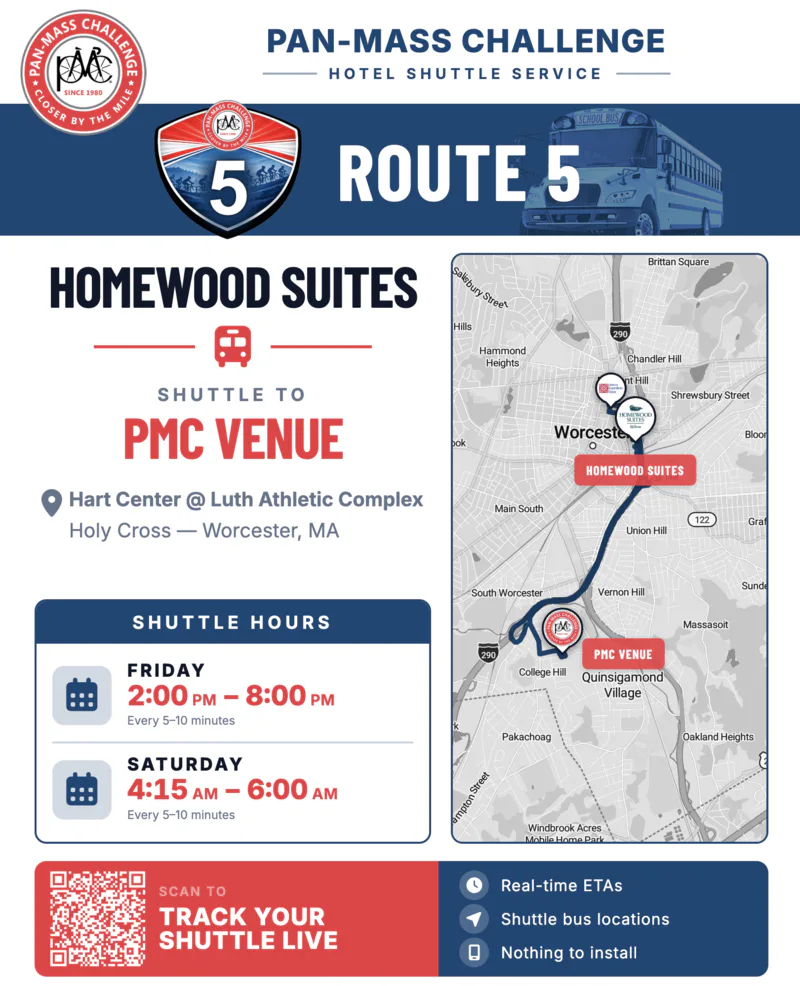 The same sign generated for Route 5: Homewood Suites shuttle to PMC Venue, identical layout with its own route map and QR code.